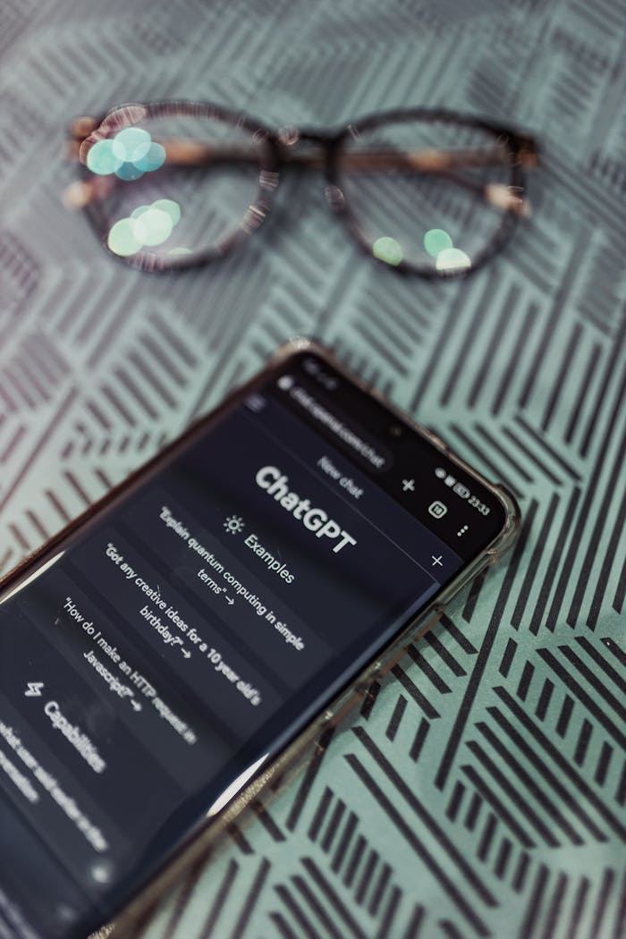 about-img Smartphone with ChatGPT app interface next to eyeglasses on patterned surface.